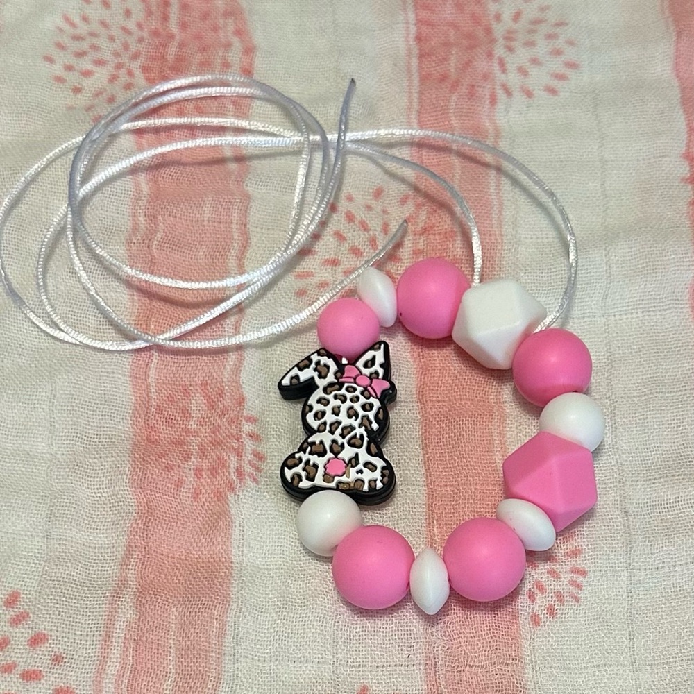 Pink and White Beaded Bunny rear view mirror hanger